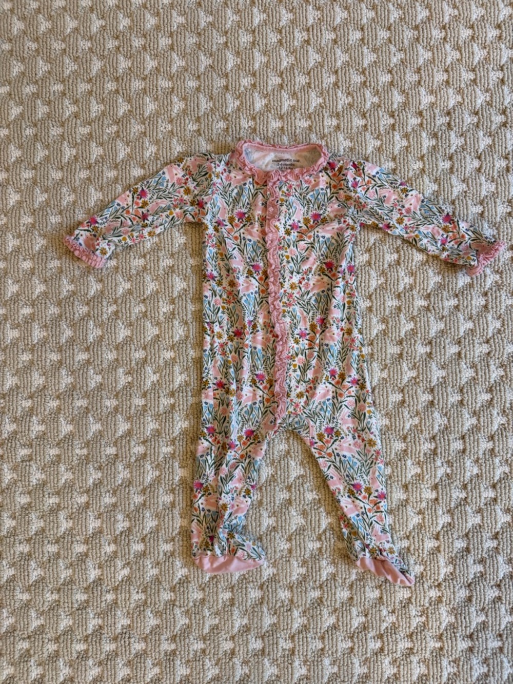 Magnetic Me Pink Floral Ruffle Footie with Green Leaf Print